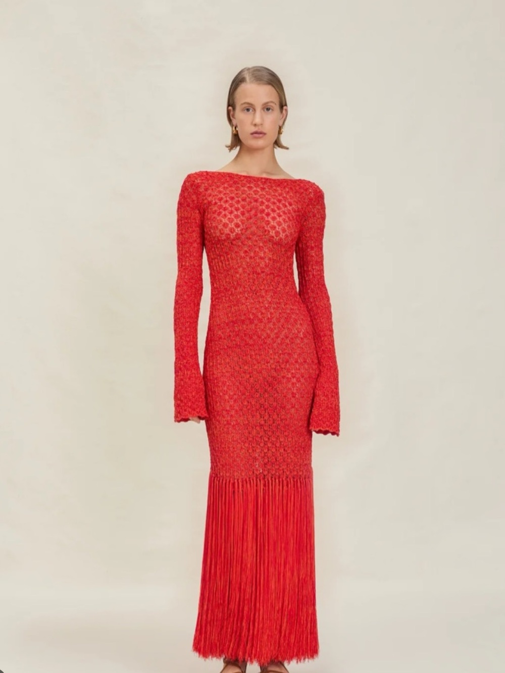 DEVON WINDSOR Red Open-Knit Long-Sleeve Fringe Hem Dress